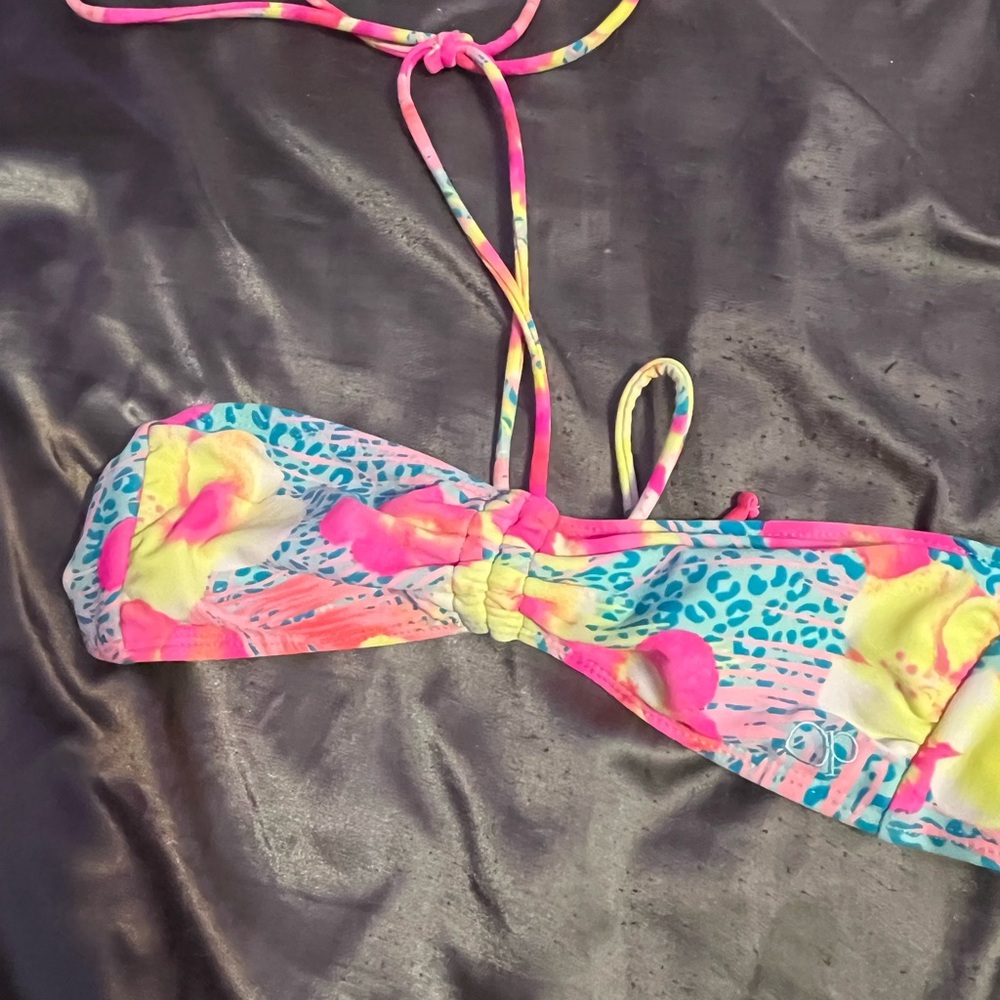 OP Pink and Yellow Bandeau Bikini Top with Tie-Dye Design